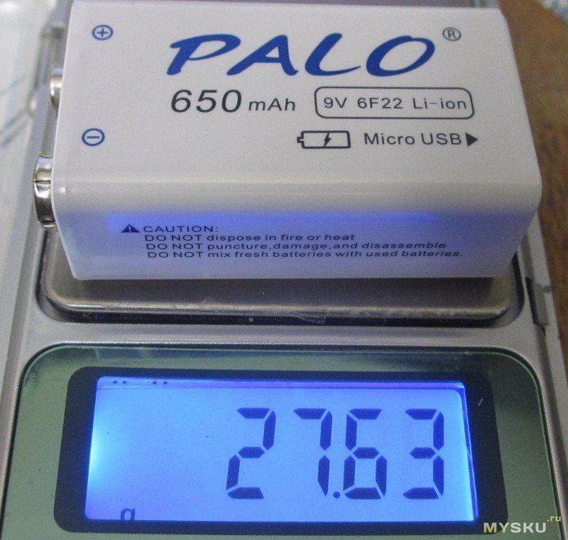 Аккумулятор литий-ионный  PALO 6F22 "9"(8.4)В "650"(500) мАч, с зарядом от micro USB.