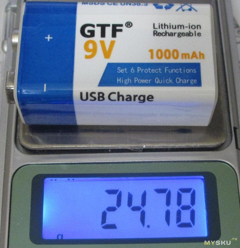Аккумулятор литий-ионный GTF 6F22 9В "1000"(400)мАч, с зарядом от micro USB.